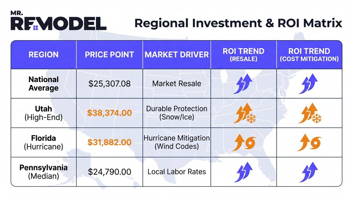 A technical infographic table comparing 2026 roofing costs in Utah, Florida, and Pennsylvania against the national average, highlighting the different regional ROI drivers.